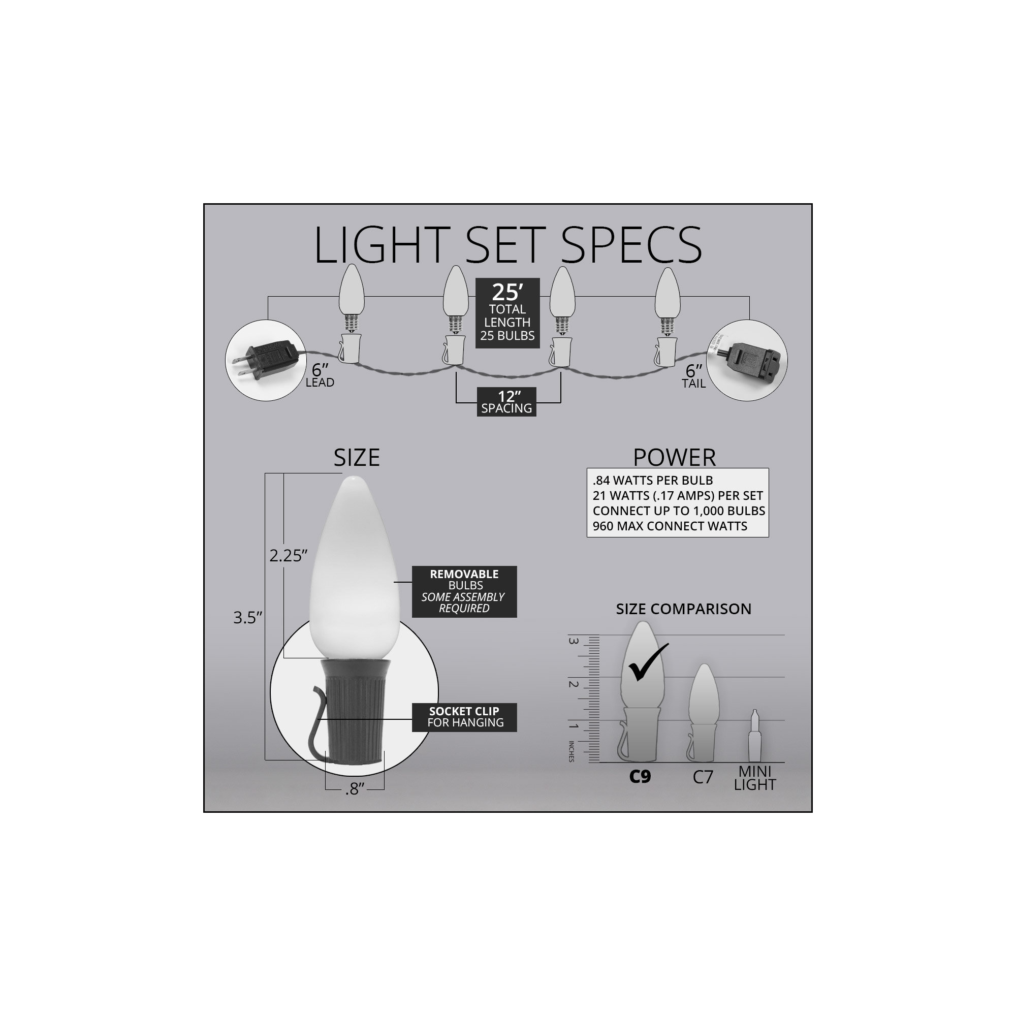 Shatterproof Smooth C9 OptiCore LED Christmas String Lights, 25, Warm White