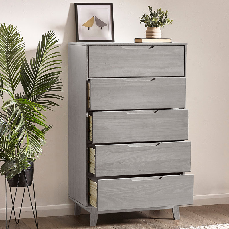 Jerred 5 Drawer Solid Wood Chest, Gray Wash