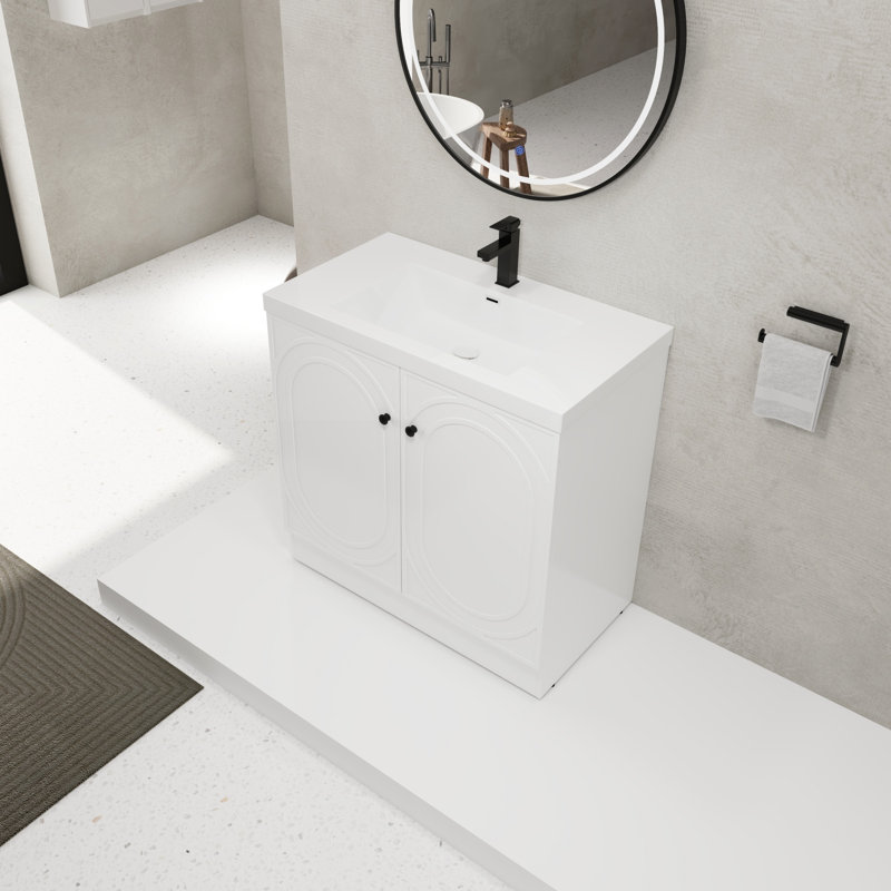 36" Freestanding Bathroom Vanity White Resin Sink & 2 Soft-Close Cabinet Doors (KD-Packing), White