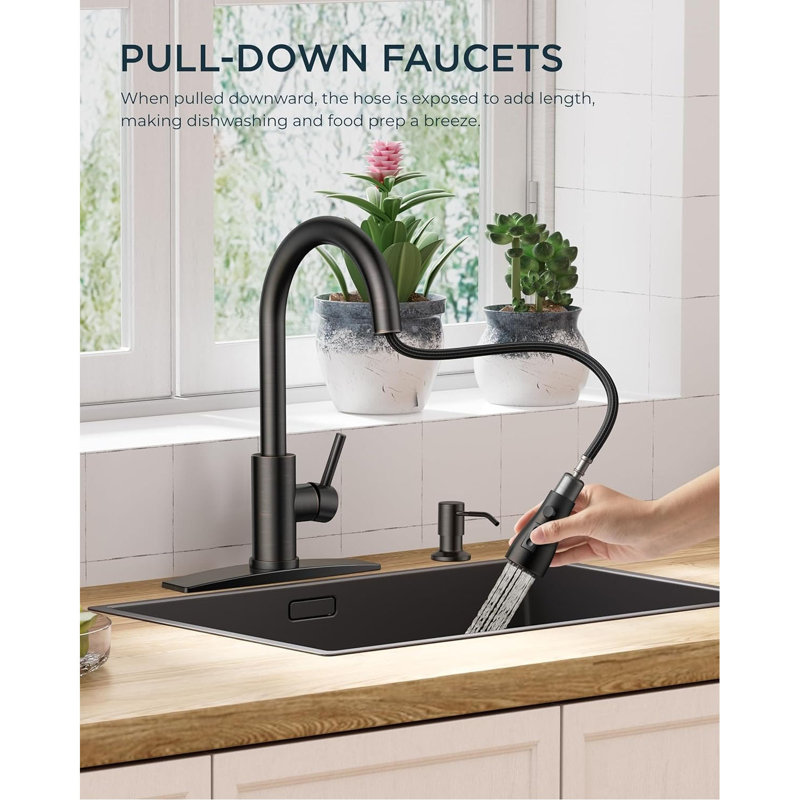 Stainless Steel Pull-Down Kitchen Faucet – High Arc, 3 Modes, with Soap Dispenser, Oil Rubbed Bronze, No Sensor
