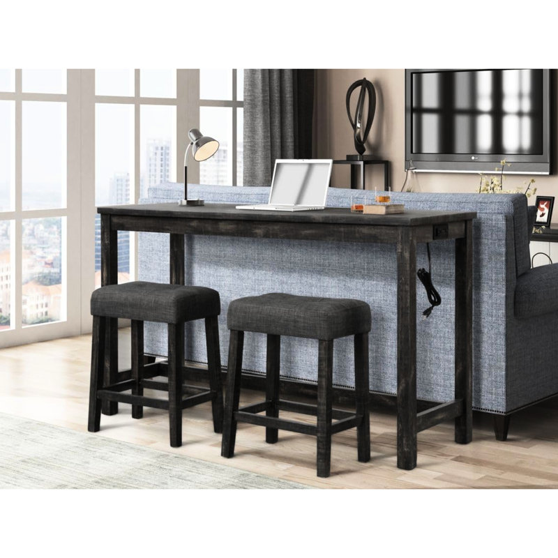 Table de salle à manger 3 pièces pour comptoir - table en bois massif avec prise électrique, 2 ports, tabourets, noir anthracite, design rustique et transitionnel, table de 60 pouces, sièges 2, sièges rectangulaires, style, look,