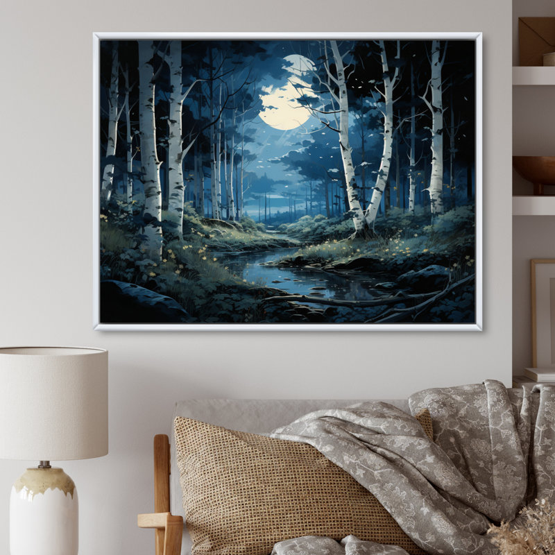 Birch Woods Moonlit Symphony IV sur impression sur toile, Cadre flottant blanc, H 24 po x l 32 po x P 1 po