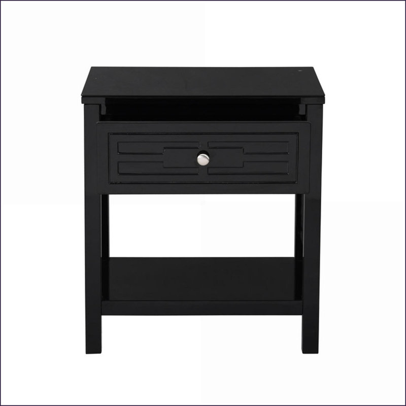 Table de chevet en bois noire 23 po avec plateau en verre et tiroir Dylan, Noir