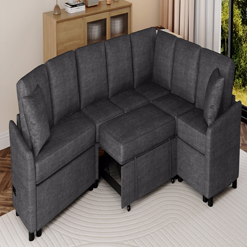 Sleeper, 124.8"L-Shaped Sofa Convertible Sofa Bed Pull Out Sofa  With Two Back Throw Pillows, Two Usb Ports And Two Power Sockets
