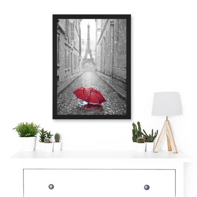 Eiffel Tower In Paris Red Umbrella Rain Alley Cobbles Artwork Framed A3 Wall Art Print