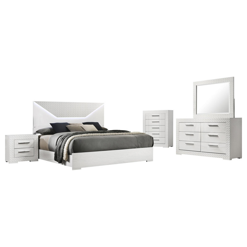 Ensemble de chambre avec grand lit 5 pièces Lumet, Grand lit, Blanc, Cinq articles : lit, commodes, miroir, table de c