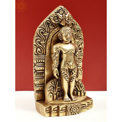 Statue 5 po en laiton Bhawawan Mahavir debout sur le trône de Kirtimukha - Idole artisanale Jain Tirthankara pour la décoration spirituelle