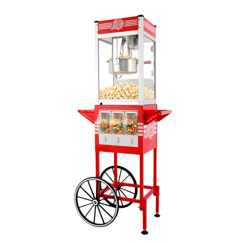 Machine à maïs soufflé avec chariot, roues et bouilloire 12 oz avec distributeur de bonbons, Rouge