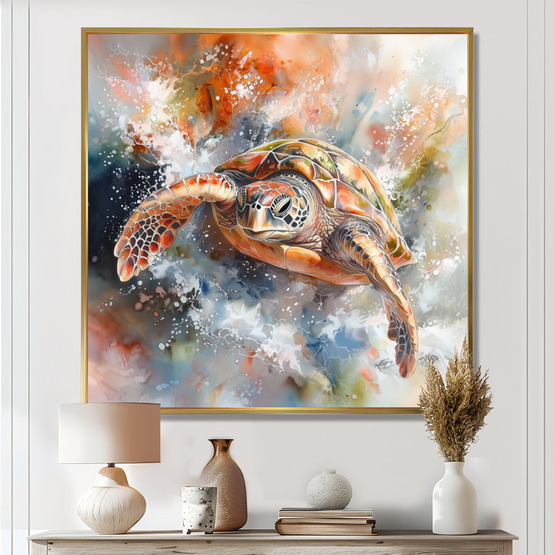 Océan Turtle Journey I - Décoration murale tortue, H 30 po x l 30 po, Impression dans un cadre flottant sans passe-parto