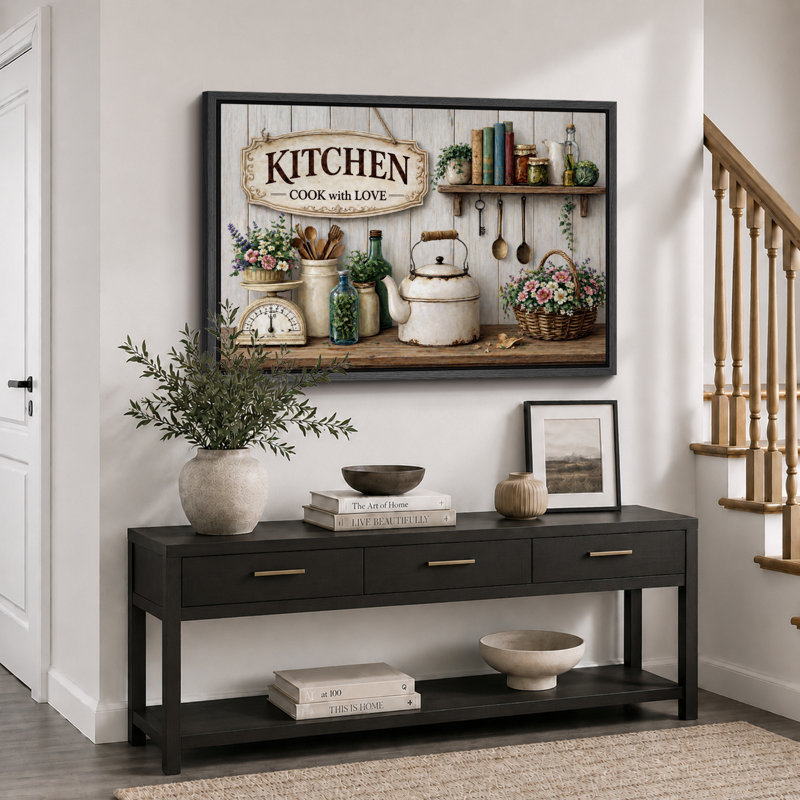 «Kitchen Cook With Love», reproduction de giclée sur toile encadrée, H 24 po x l 36 po x P 1,5 po, Cadre noir