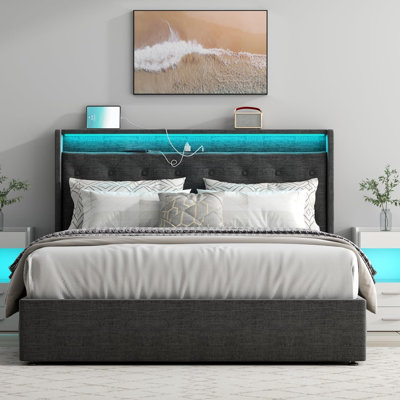 Kadeer Lift Up Bed Frame with Charging Station & LED Light, Upholstered Bed with Button Tufted