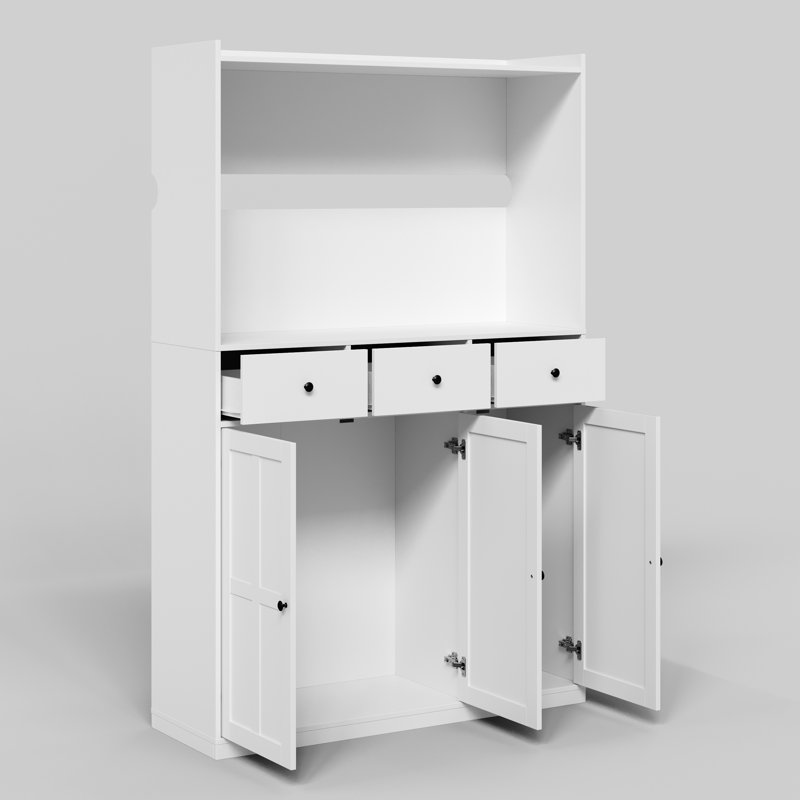 Armoire de rangement blanche 74,2 po avec 3 tiroirs, rangement inférieur, tablette ouverte et crochet utilitaire
