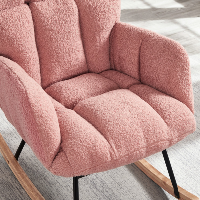 Fauteuil à bascule rose, revêtement en tissu, structure en métal, confortable pour toute la famille, idéal pour la chambre à coucher