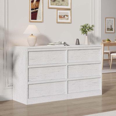 Commode 6 tiroirs, commode blanche antique de 47 po de largeur, rangement en bois pour chambre à coucher, salon, chambre de bébé, entrée, blanc