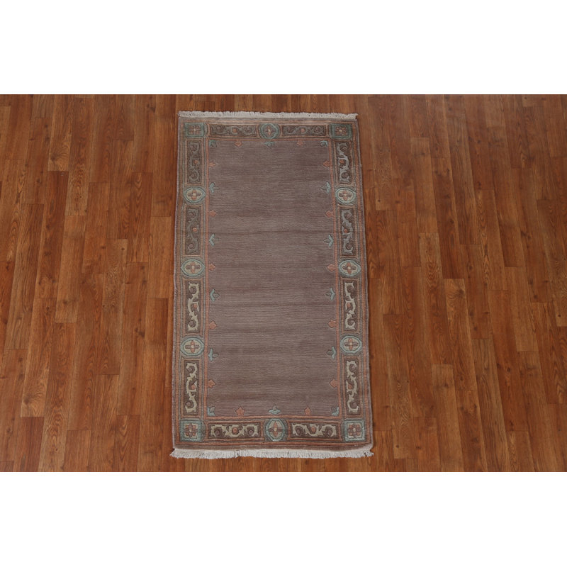 Tapis beige / brun noué à la main de conception unique 2 pi 7 po x 4 pi 8 po New Age