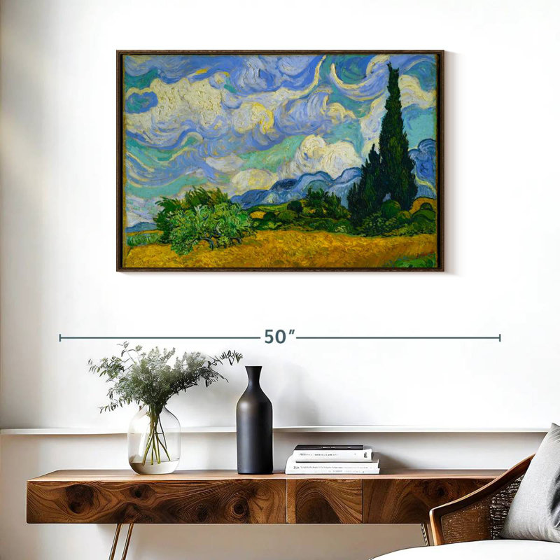 Champ de blé avec cyprès, 37 po x 25 po, Cadre flottant noyer