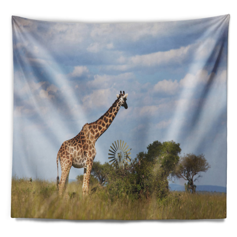 Giraffe de grande taille paysager dans un tapisserie savannah, H 32 po x l 39 po