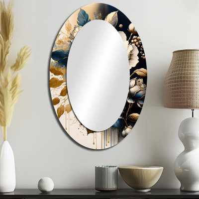 Noir et or Camellia Bouquet I - Miroir mural ovale noir