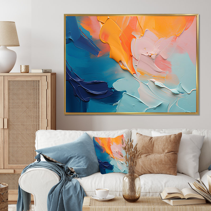«Blue and Orange Paint Abstract Expression 2», art mural abstrait, H 16 po x l 32 po x P 1 po, Cadre flottant doré