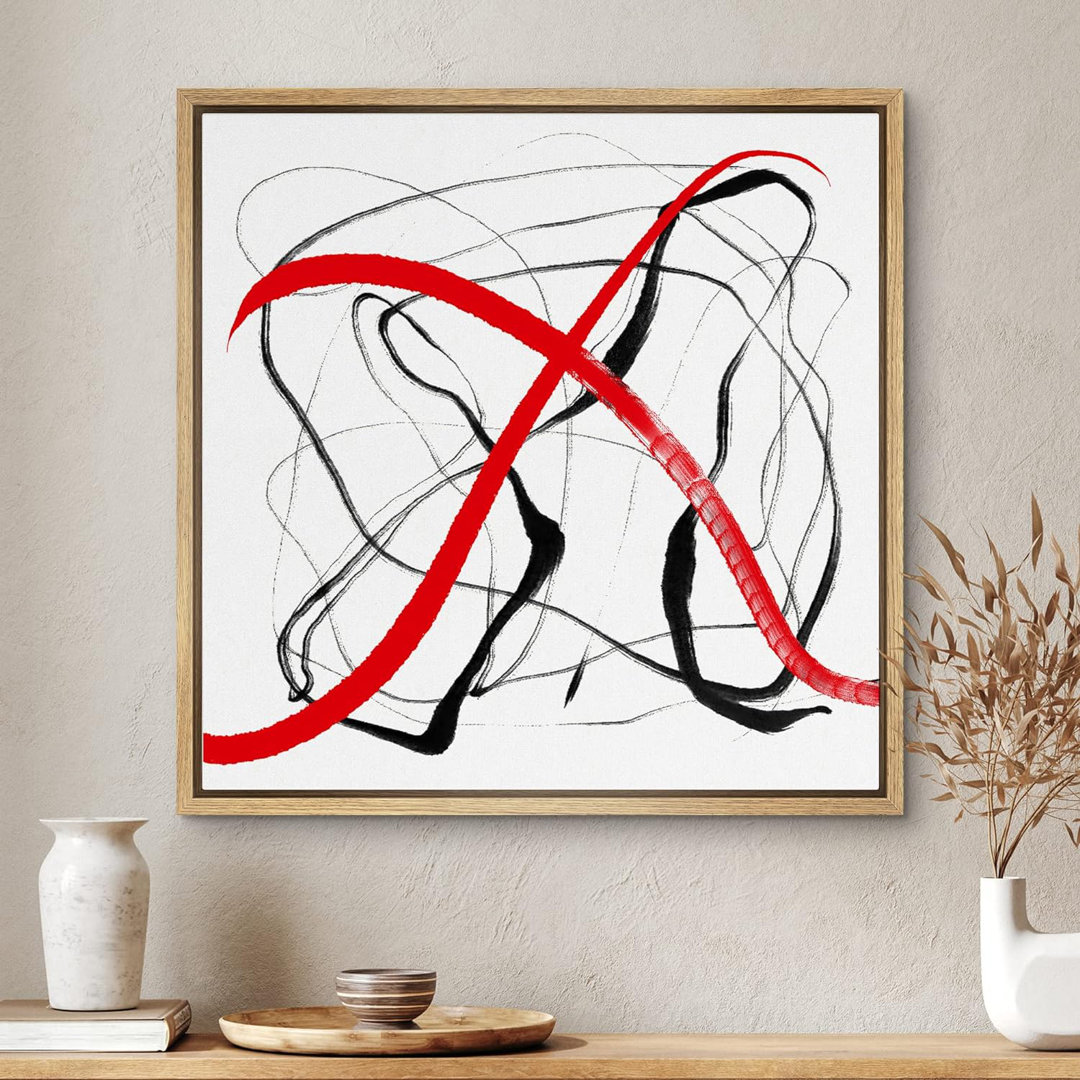 Black Red Paint Strokes Abstract Modern Decor Contemporary Minimal Wall Art Framed On Canvas Print wall26 