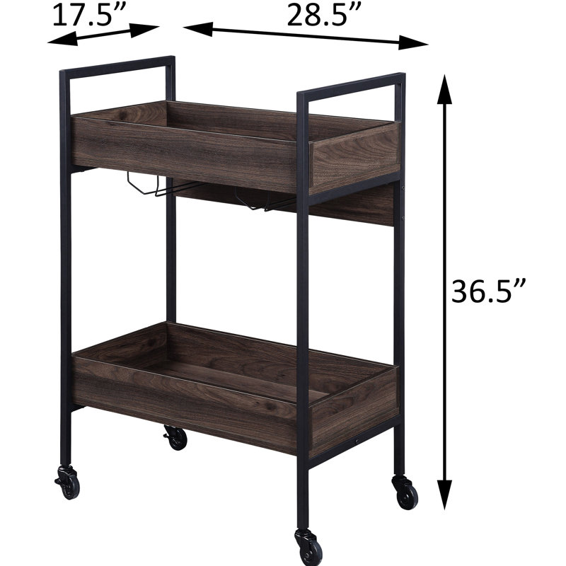 Élégant chariot de service en noyer et noir, 2 tablettes, porte-gobelet, fabrication stable en bois