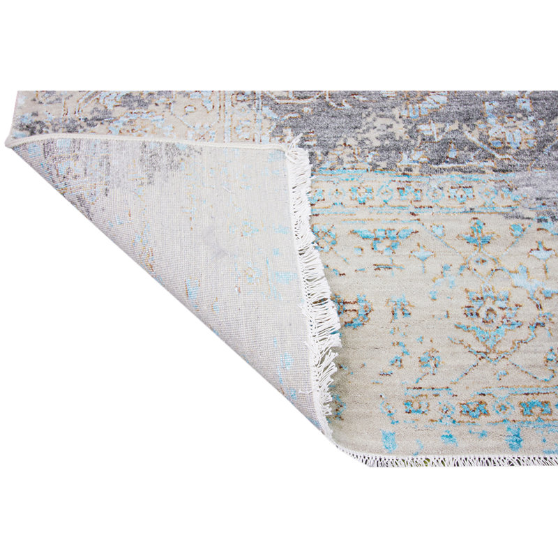 Tapis argent / turquoise / ivoire noué à la main de haute qualité, Rectangle 8 pi x 10 pi