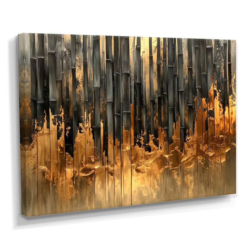 Golden Arashiyama Bamboo River I - art mural en bambou, H 16 po x l 32 po, Toile tendue, Ne s’applique pas