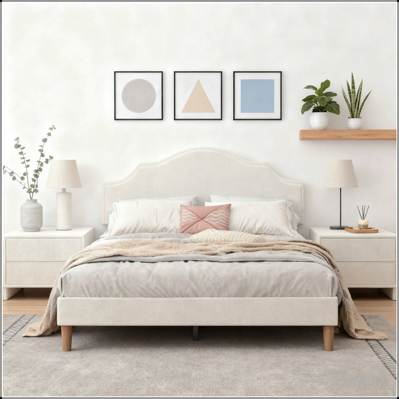 Grand lit plateforme tapissier avec tête de lit ajustable, rembourré en tissu de lin, design moderne et fonctionnel, Grand