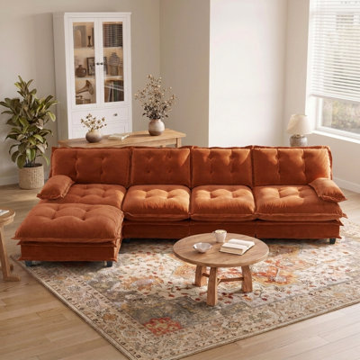 Canapé modulaire en forme de L 138 po avec repose-pieds, assise profonde et coussins en treillis de 138 po