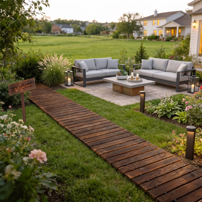 Allée de jardin droite enroulable de 3,65 m avec piquet en bois, surface antidérapante, style rustique et décoratif pour terrasse, jardin ou cour.