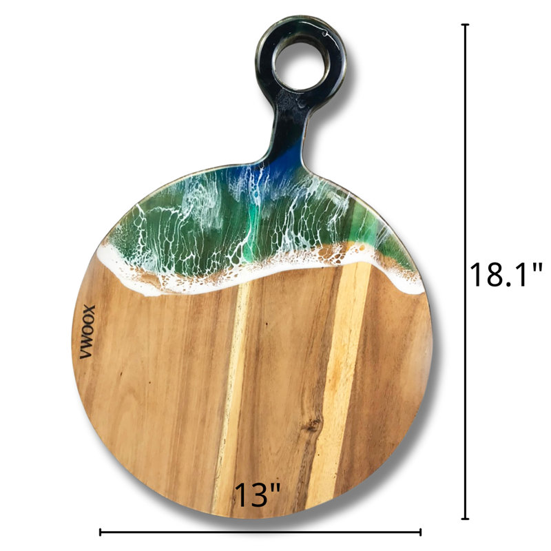 Planche à découper ronde en bois d'acacia faite à la main avec poignée en résine époxy Ocean Wave