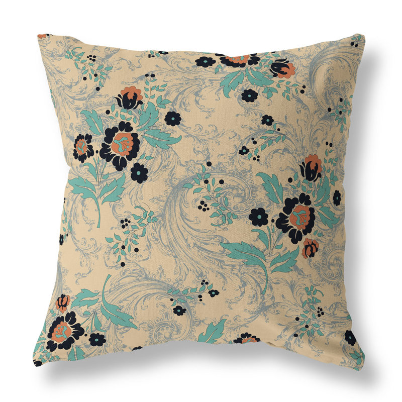 Coussin décoratif intérieur / extérieur à motif floral Meadow Strokes, H 20 po x l 20 po, Orange / cyan / multicolore