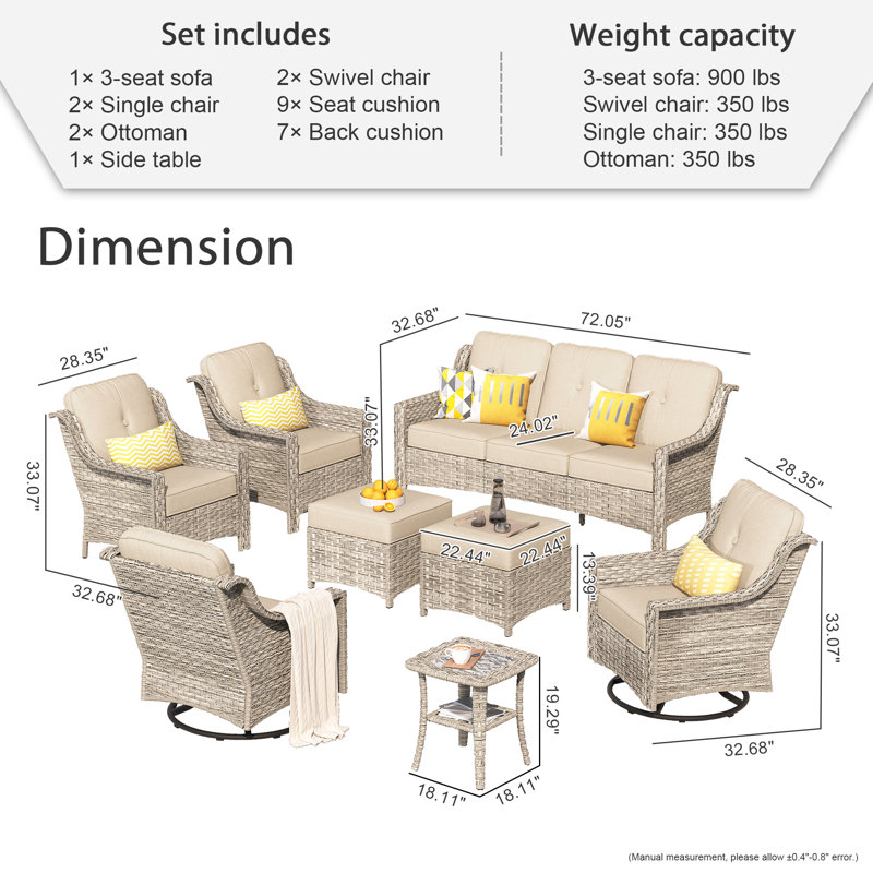 Ensemble de conversation d'extérieur en osier pour 7 personnes, canapé de patio et fauteuil pivotant avec coussins, Beige