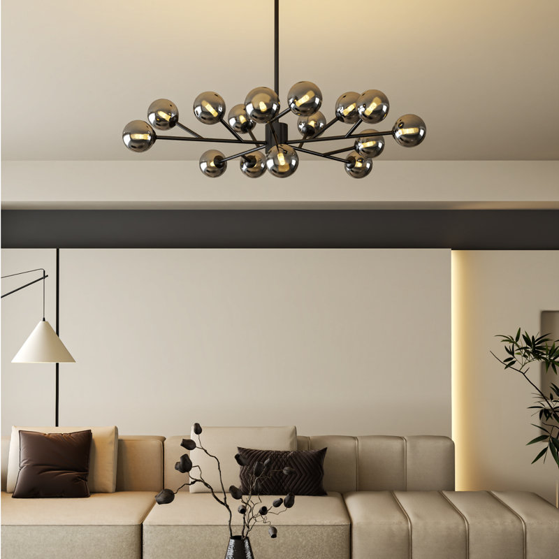 Lustre moderne Sputnik à 15 lumières avec abat-jour en verre fumé, globe en verre noir, plafonnier réglable pour salle à manger, salon et hall d'entrée