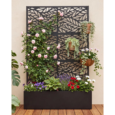 Metal Planter Box with Trellis, 71" H x 44" W x 16" D, Outdoor Raised Garden Bed with Privacy Screen & Drainage Holes, All-Weather Patio Planter for Climbing Plants, Vegetable, Vines, Leaf