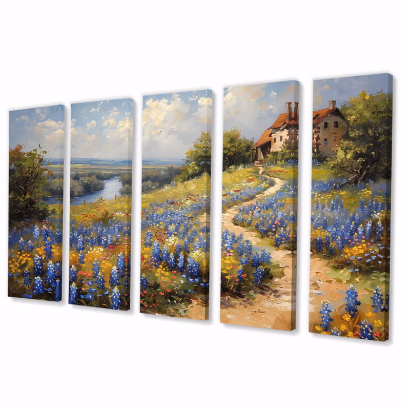 «Blue Green Meadow Charm Blue Bonnets VII», ensemble d'art sur toile Blue Bonnets, H 32 po x l 80 po