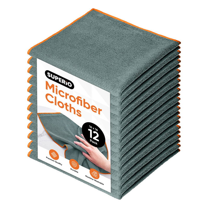 Chiffon de nettoyage en microfibre Superio gris pour les voitures, la cuisine, la salle de bain, chiffon miracle 16 x 16, chiffons non pelucheux pour le nettoyage de la maison, lavable réutilisable, aucun détergent nécessaire, sans égratignures ni rayures, paquet de 12