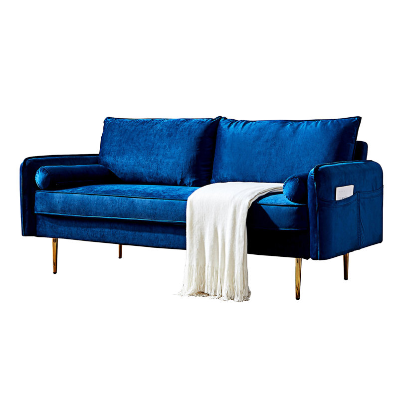Canapé à accoudoirs carrés en velours 71 po avec coussins réversibles, Bleu velours