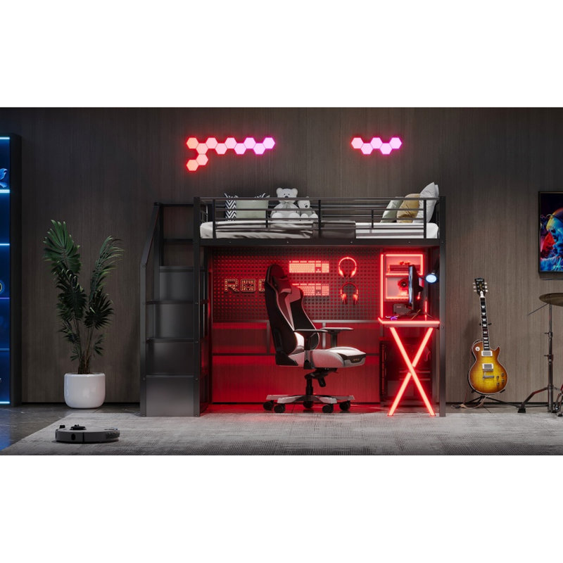 Lit mezzanine double en métal noir avec poste de jeu et de travail intégré, escalier de rangement pour garde-robe pour un divertissement confortable