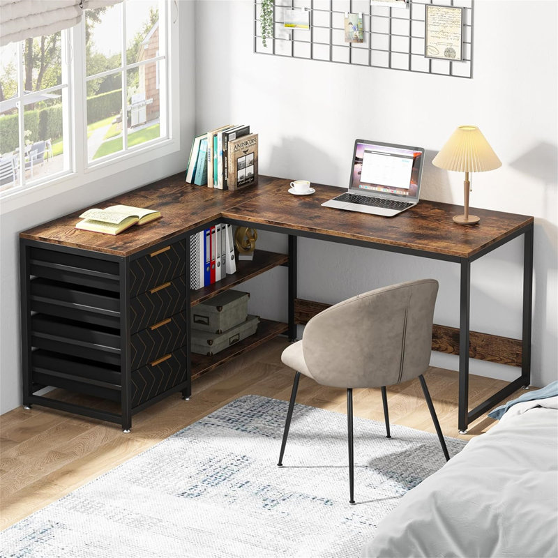 Bureau d'ordinateur en L 59 po avec tiroirs et tablettes de rangement (sans la chaise), Brun