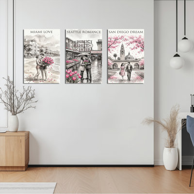 Miami Love Seattle Romance San Diego Dream Canvas Wrapped Wall Art Oil Painting Print Set Of 3