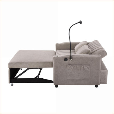 Sofas 55.9\" Convertible Sofa Bed Loveseat with USB Ports, Cup Holders, Phone Holder | Beige | Polyester