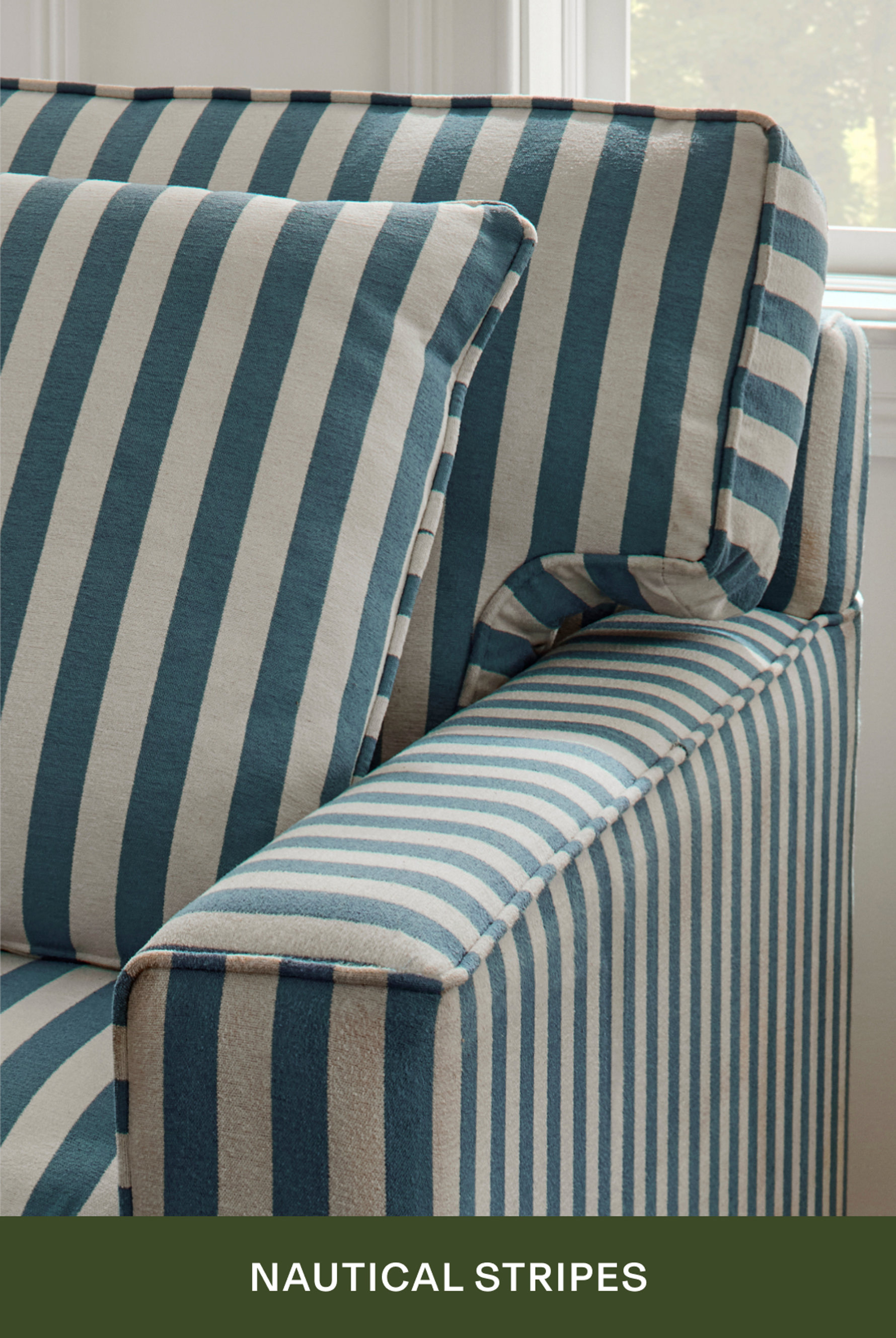 Nautical Stripes - blue and white striped sofa with matching pillows
