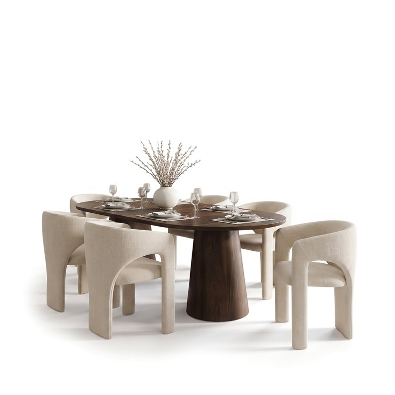 Ensemble de salle à manger rond à ovale extensible avec fauteuils demi-tonneau en chenille, Beige