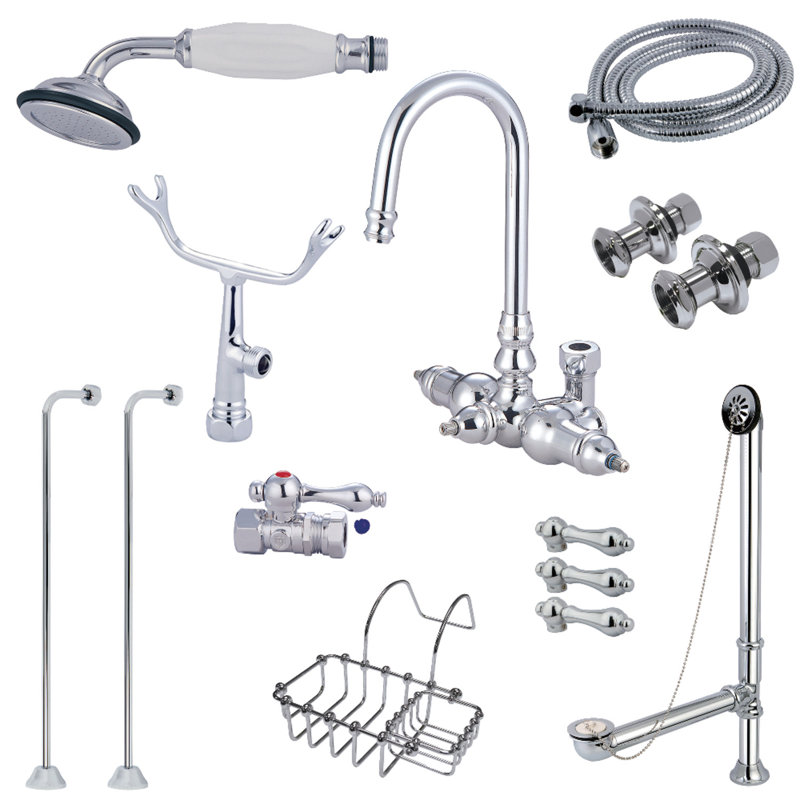 Kingston Brass Two-Handle 2-Hole Tub Wall Mount Clawfoot Tub Faucet Package with Supply Line, Hand Shower and Tub Drain