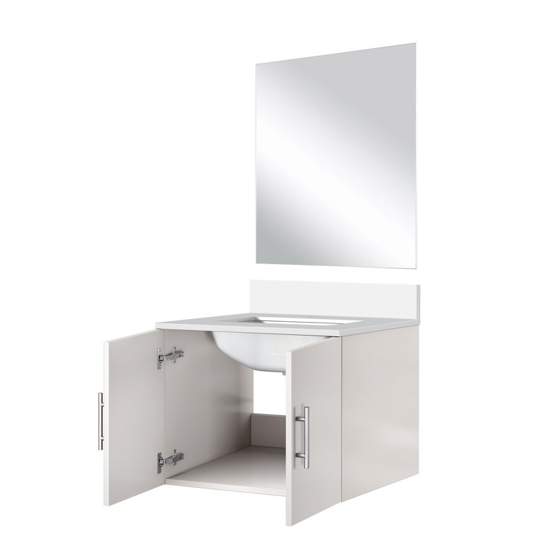 Meuble-lavabo de 24 po de largeur avec comptoir en quartz teinté et miroir - armoire de comptoir blanche lustrée de 22 po