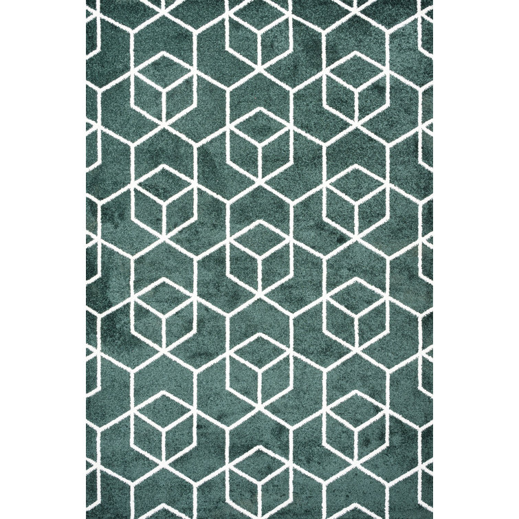 Mashawna Blocks Modern Geometric Green/White Rug