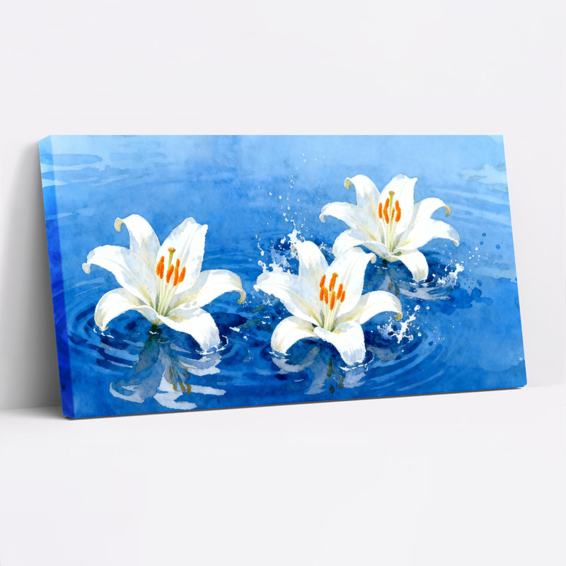 Fleurs de lys blanc sur toile bleue, reproduction d'art sur toile tendue, ensemble de 1, H 28 po x l 58 po