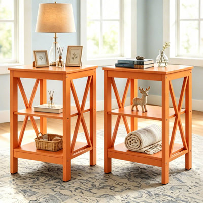 Ensemble de 2 tables de chevet à 3 niveaux avec rangement ouvert, petite table de chevet avec cadre en X, table d'appoint moderne en bois (ensemble de 2)