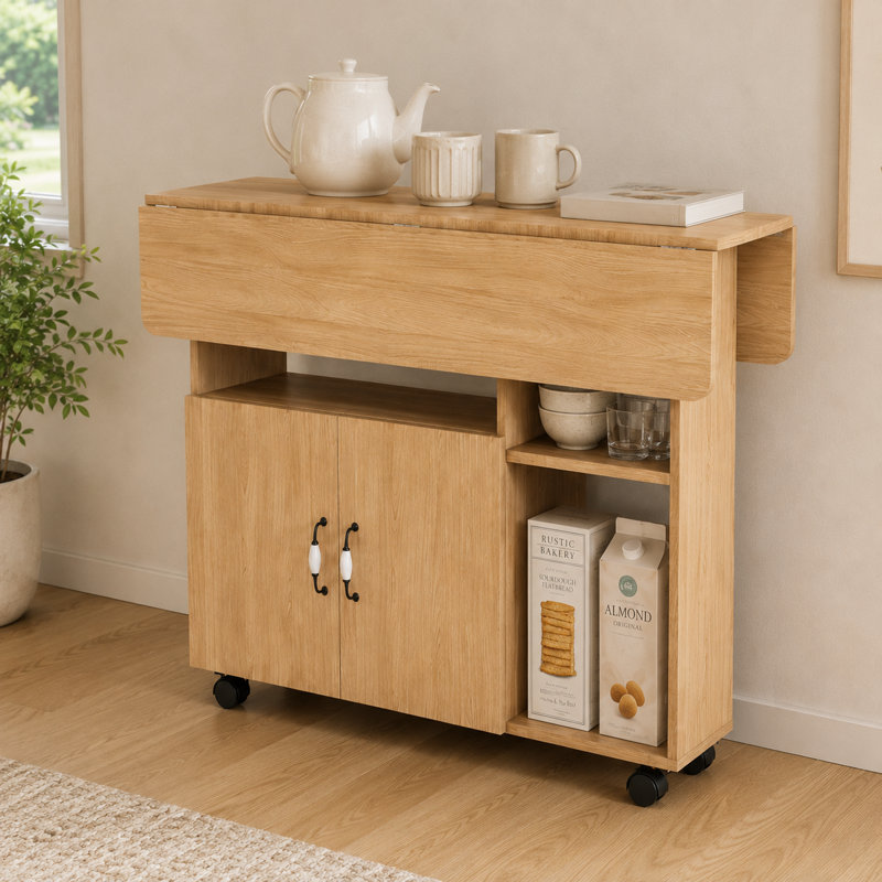 Modern Multifunctional Folding Kitchen Island Table with Storage Shelves and Rolling Wheels for Small Spaces, Natural